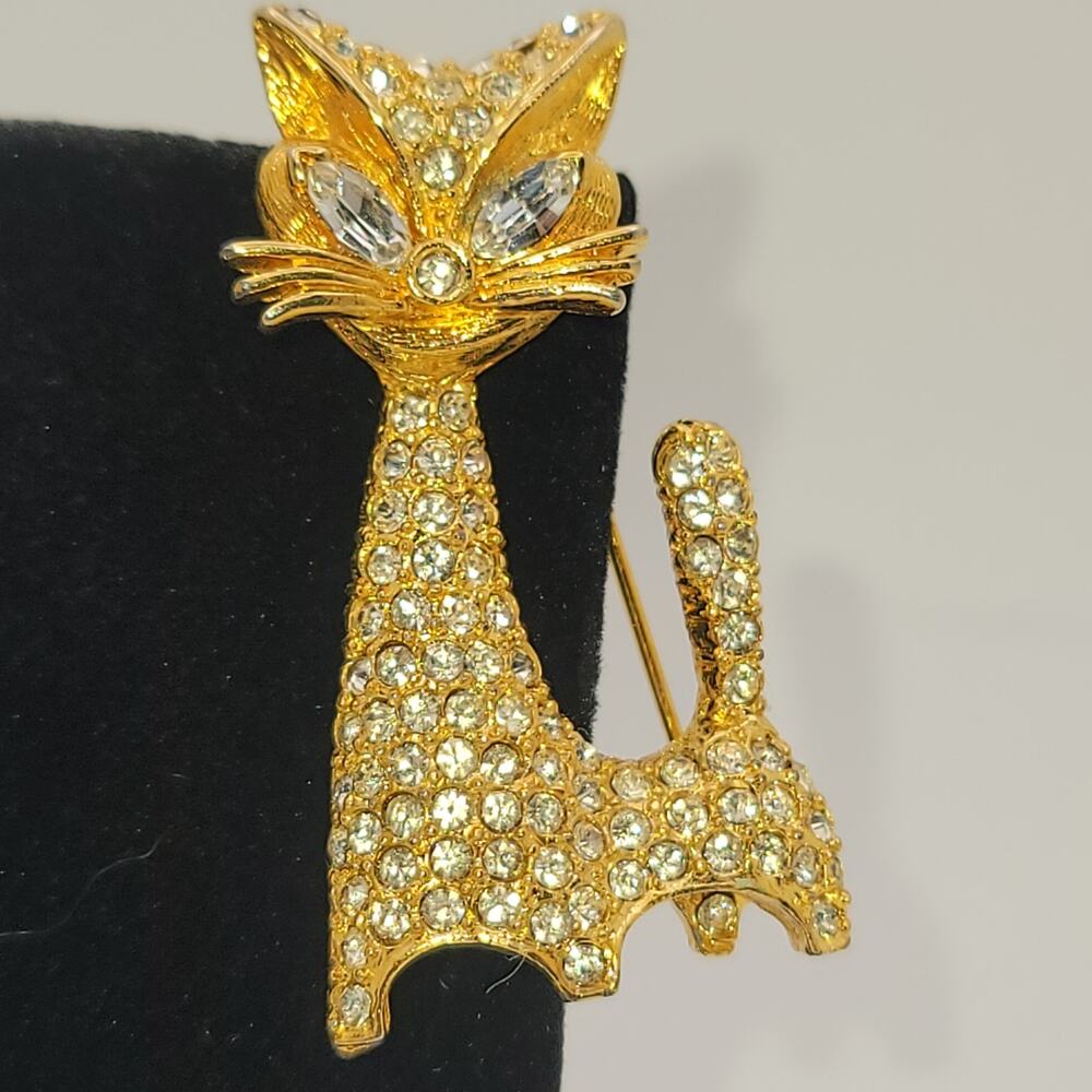 Vintage Gold-tone Pave Rhinestone Cat Brooch